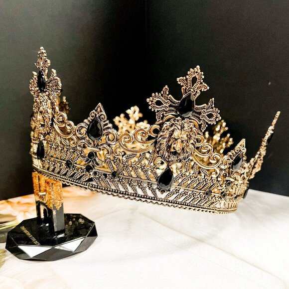 Vintage Lion King Crown, Black Crystal Crown for Groom, Prom Crown, Gold Crown - Picture 5 of 9